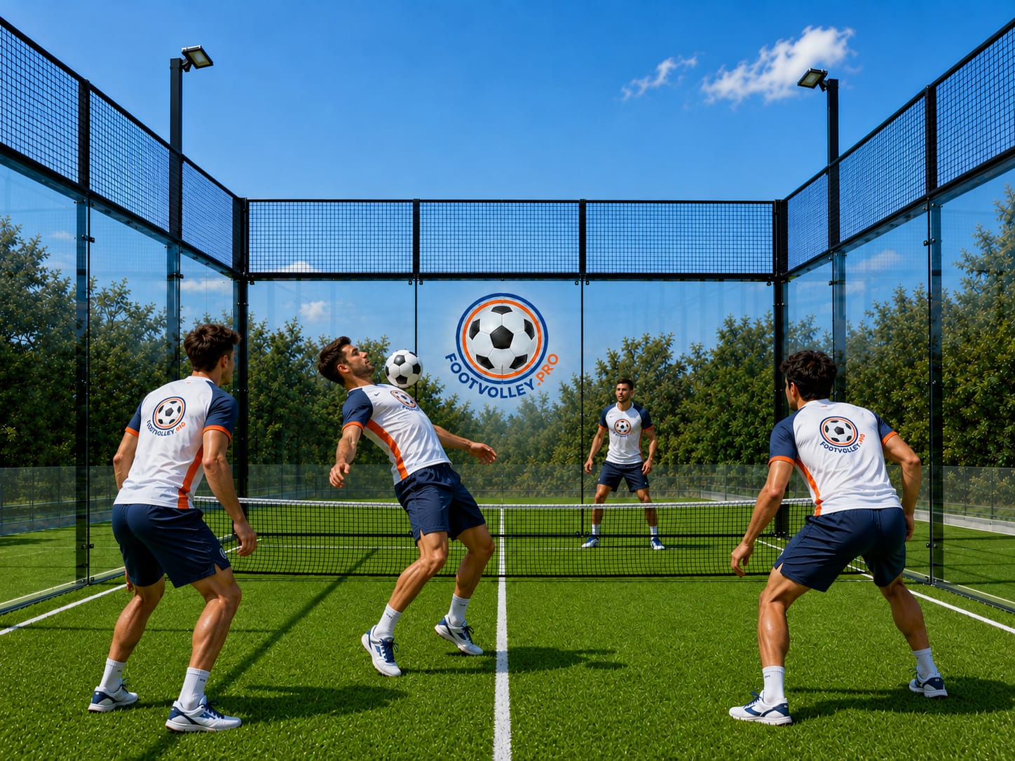 2-tegen-2 Footvolley op een compacte glazen court